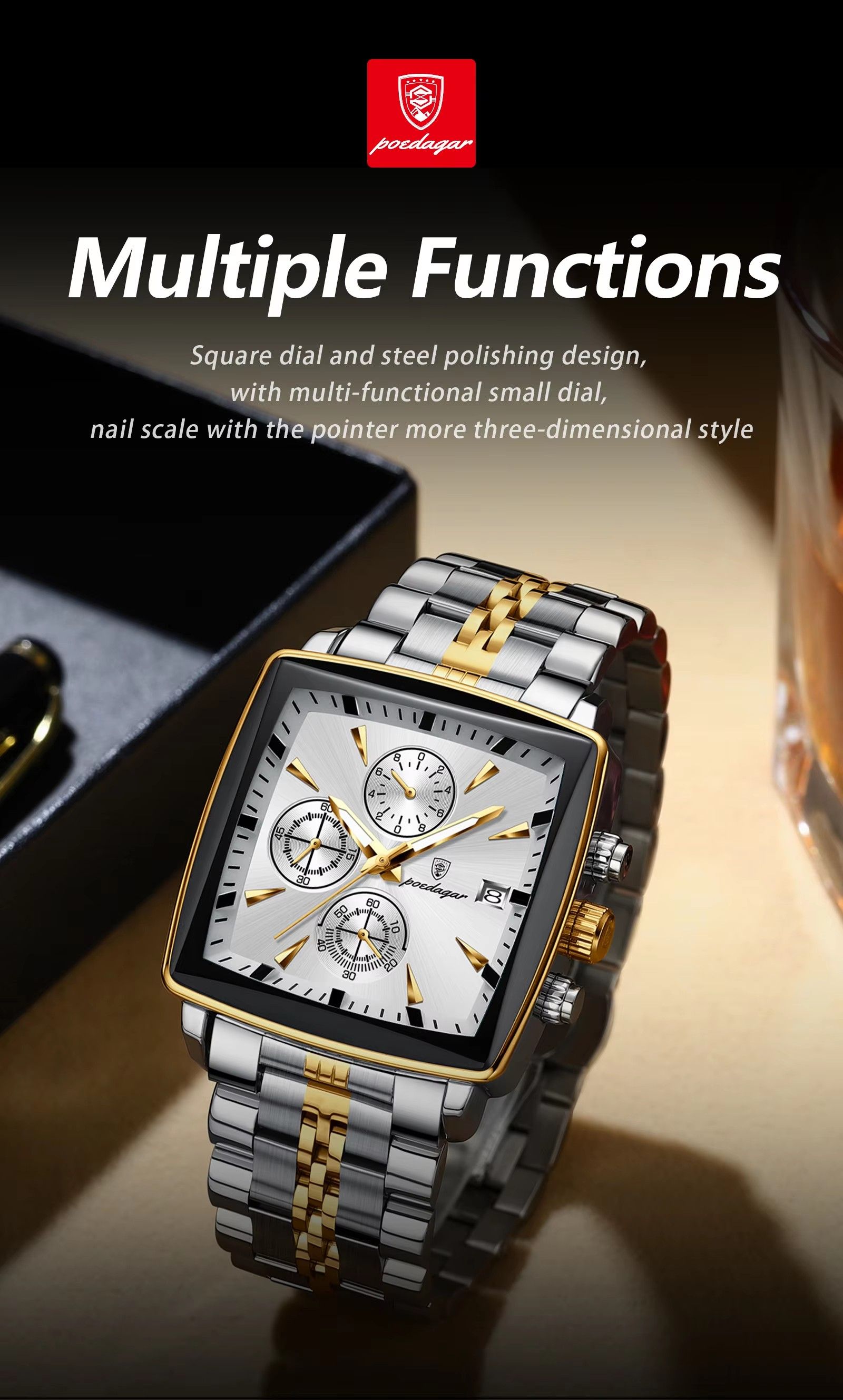 Top Brand POEDAGAR 866 Luxury Square Sport Wristwatch Waterproof Luminous Chronograph Quartz Watches Stainless Steel Men Watch