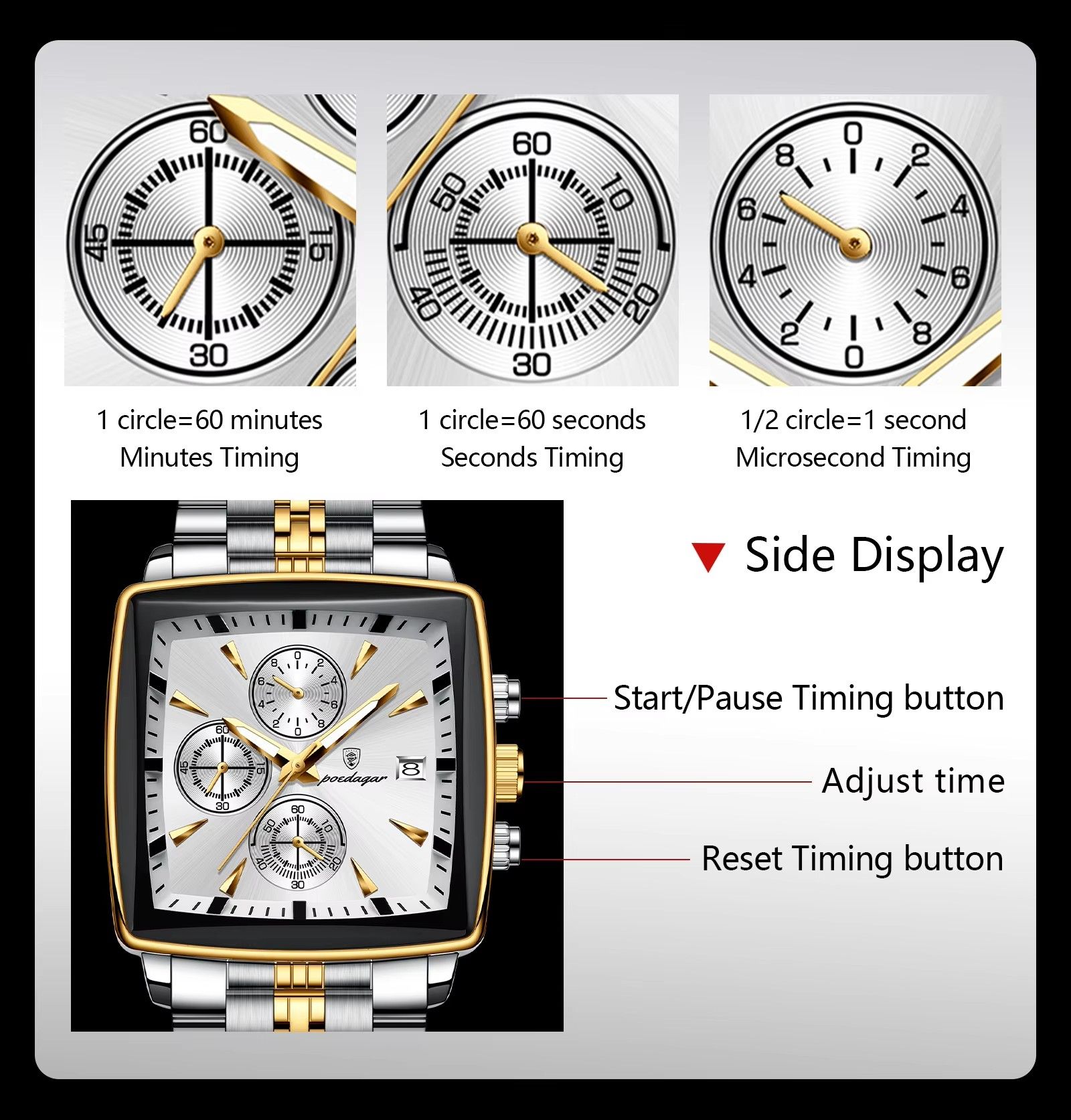 Top Brand POEDAGAR 866 Luxury Square Sport Wristwatch Waterproof Luminous Chronograph Quartz Watches Stainless Steel Men Watch