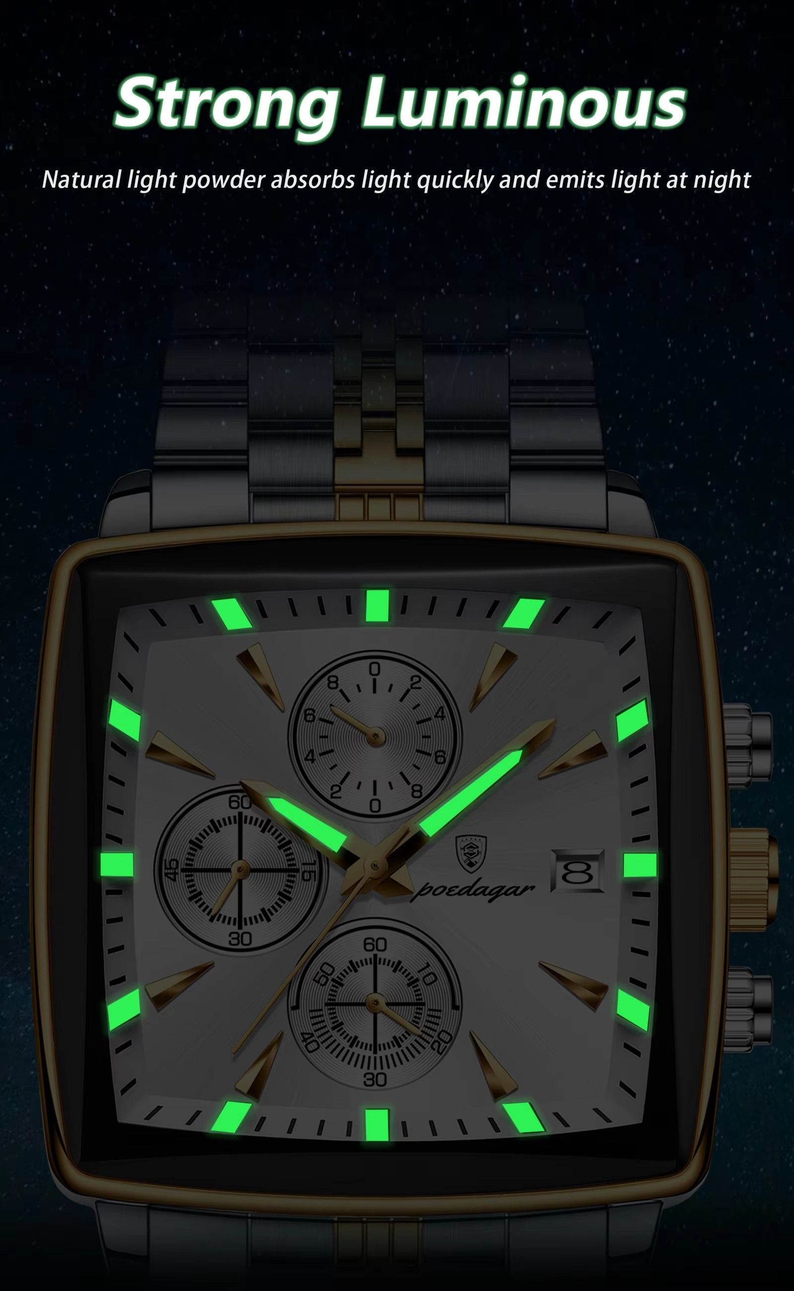 Top Brand POEDAGAR 866 Luxury Square Sport Wristwatch Waterproof Luminous Chronograph Quartz Watches Stainless Steel Men Watch