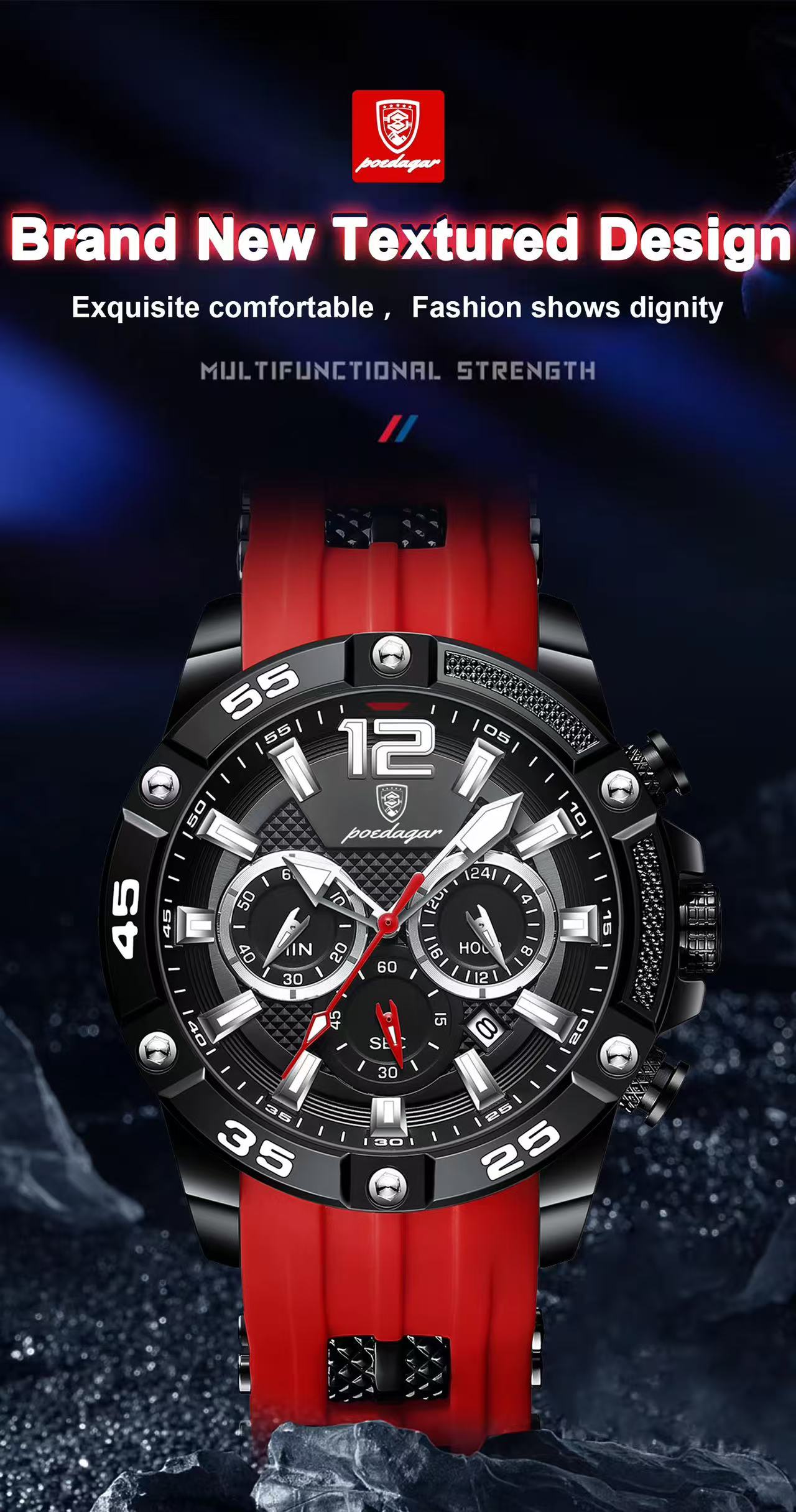 POEDAGAR 912 Men Watch Sport Chronograph Waterproof Luminous Date Luxury Man Wristwatch Reloj Quartz Silicone Watches for Men