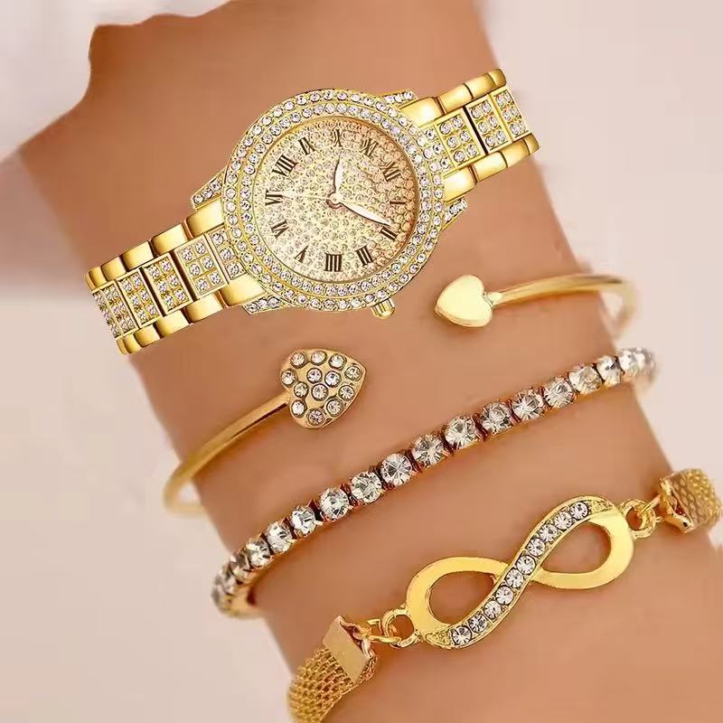Best Selling Luxury Women's Quartz Watch with Three Bracelets Diamond Elegant Zinc Alloy Material Perfect First Choice Gift