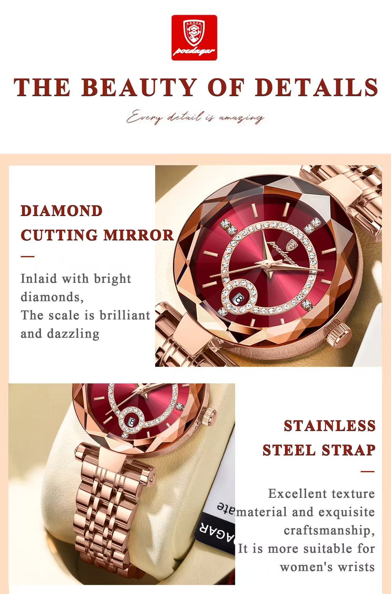 POEDAGAR 726 Watch for Woman High Quality Diamond Ladies Quartz Watch Waterproof Date Stainless Steel Women Watches