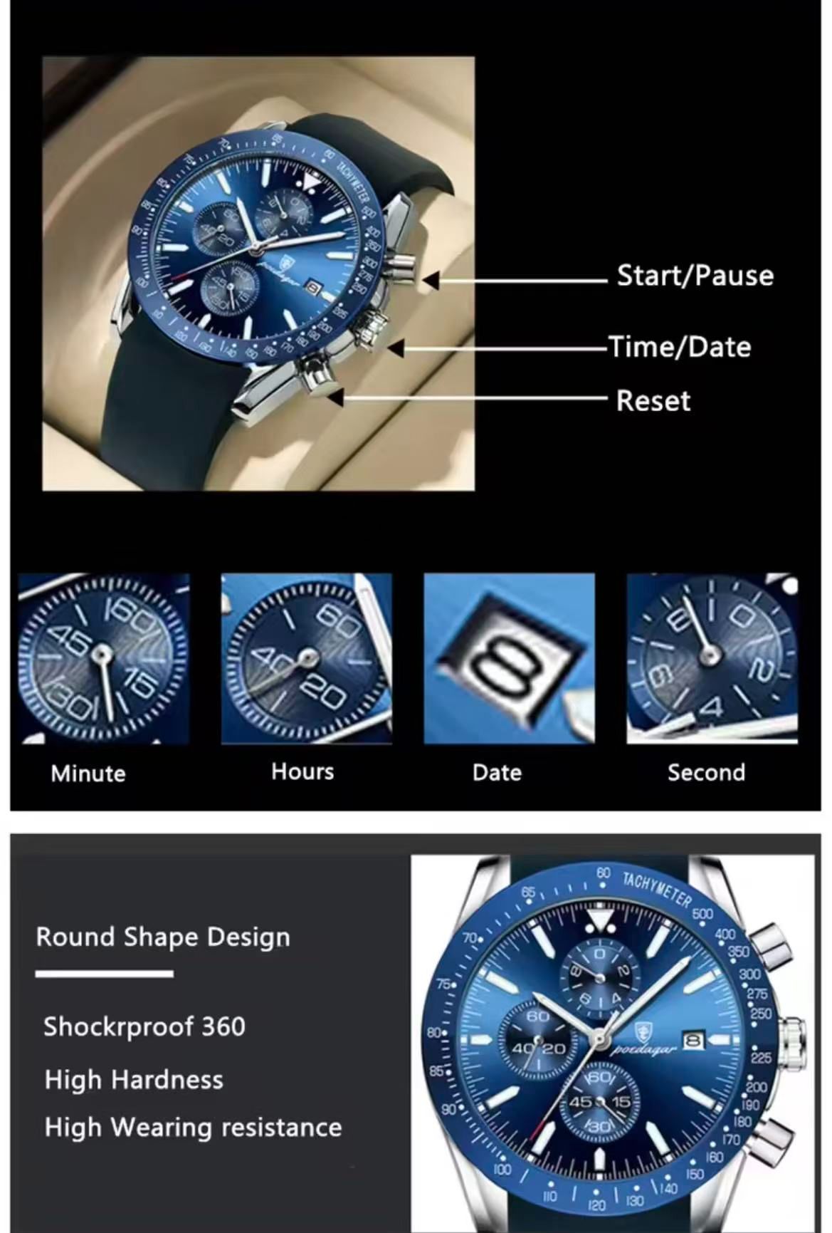 POEDAGAR P988 988 Luxury Chronograph Quartz Watch Low Price Luminous Hands Date Week Sport Wrist Watches for Men Montre Relojes