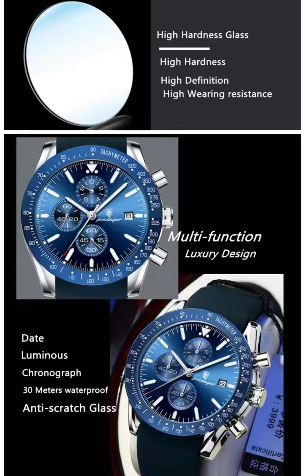 POEDAGAR P988 988 Luxury Chronograph Quartz Watch Low Price Luminous Hands Date Week Sport Wrist Watches for Men Montre Relojes