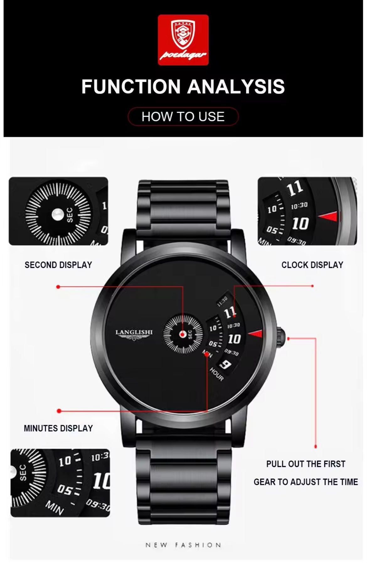 Langlish / LLS  606 Waterproof Men's Watch For Male Students Korean Version Trendy Versatile Steel Couple Automatic Non-Mechanical Watch