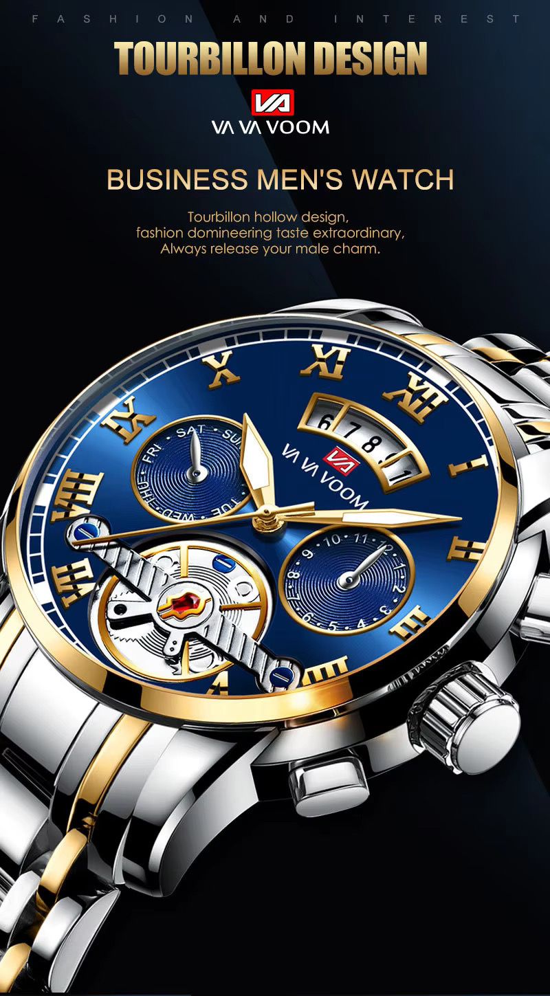 Hannah Martin New Stainless Steel Tourbillon Multifunctional Watch For Men Fashion Luminous Waterproof Watch Men's Steel Wristwatch
