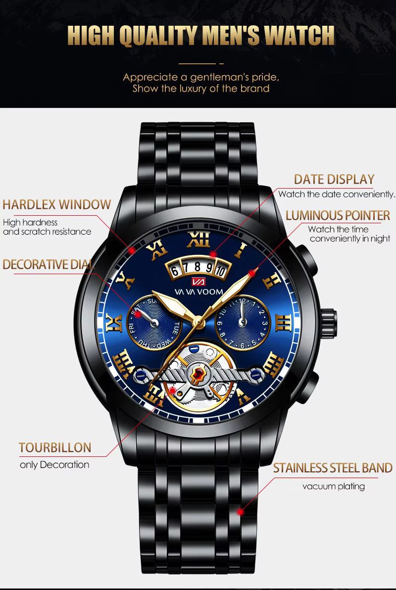 Hannah Martin New Stainless Steel Tourbillon Multifunctional Watch For Men Fashion Luminous Waterproof Watch Men's Steel Wristwatch