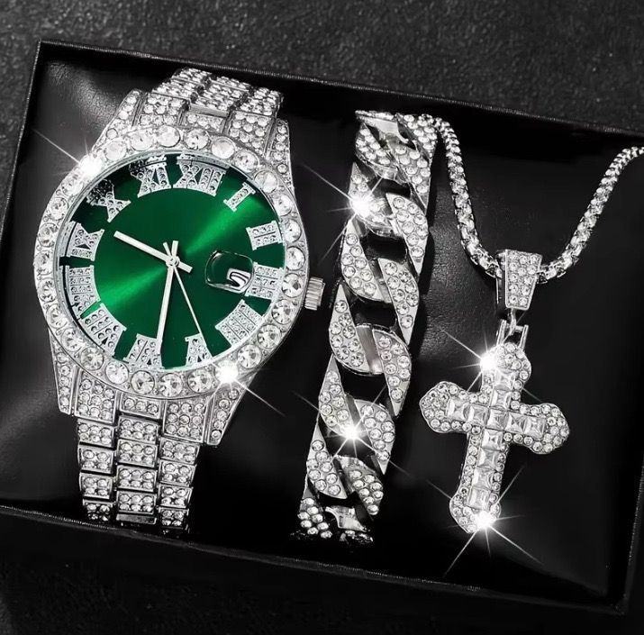 Cool Hip Hop 3PCS Mens Watches Set Calendar Cross Necklace Jewelry Sets Full Diamond Steel Men's Quartz Watches