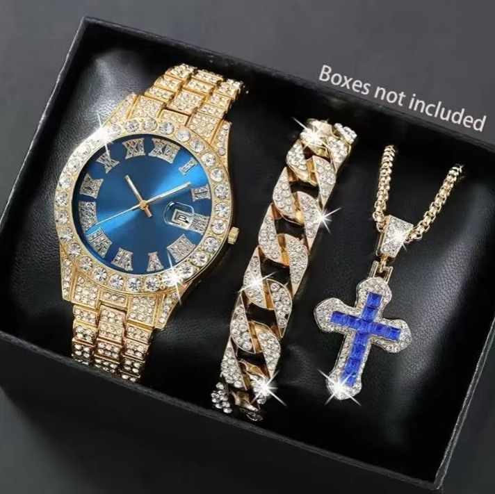 Cool Hip Hop 3PCS Mens Watches Set Calendar Cross Necklace Jewelry Sets Full Diamond Steel Men's Quartz Watches