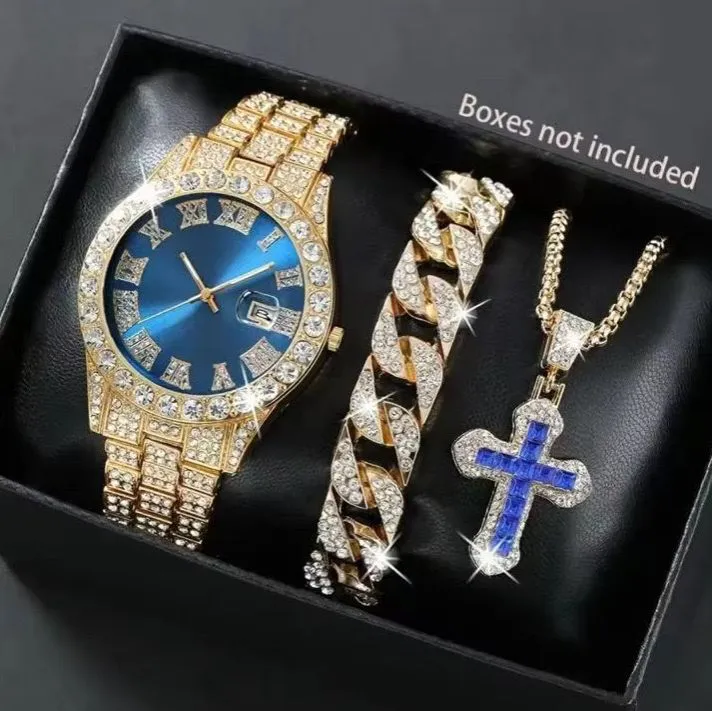 Cool Hip Hop 3PCS Mens Watches Set Calendar Cross Necklace Jewelry Sets Full Diamond Steel Men's Quartz Watches