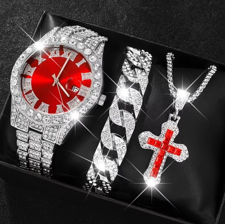 Cool Hip Hop 3PCS Mens Watches Set Calendar Cross Necklace Jewelry Sets Full Diamond Steel Men's Quartz Watches