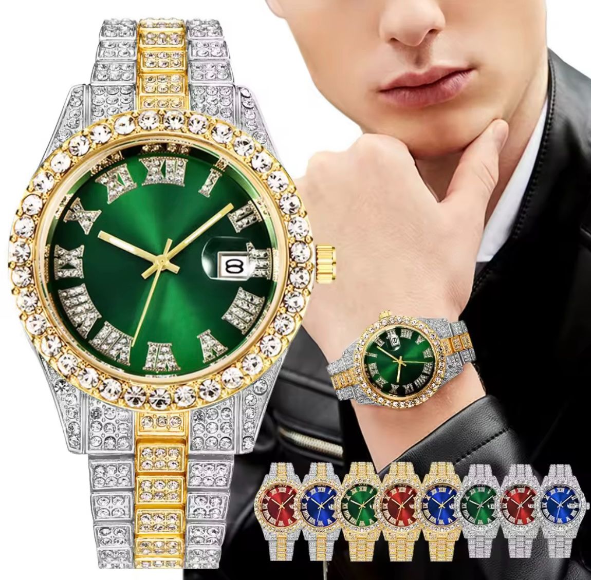 Cool Hip Hop 3PCS Mens Watches Set Calendar Cross Necklace Jewelry Sets Full Diamond Steel Men's Quartz Watches