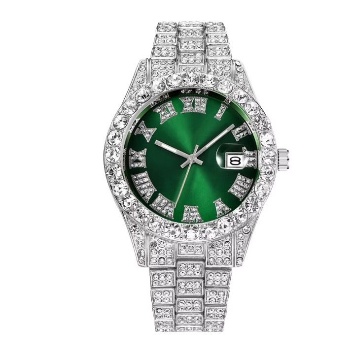 Cool Hip Hop 3PCS Mens Watches Set Calendar Cross Necklace Jewelry Sets Full Diamond Steel Men's Quartz Watches