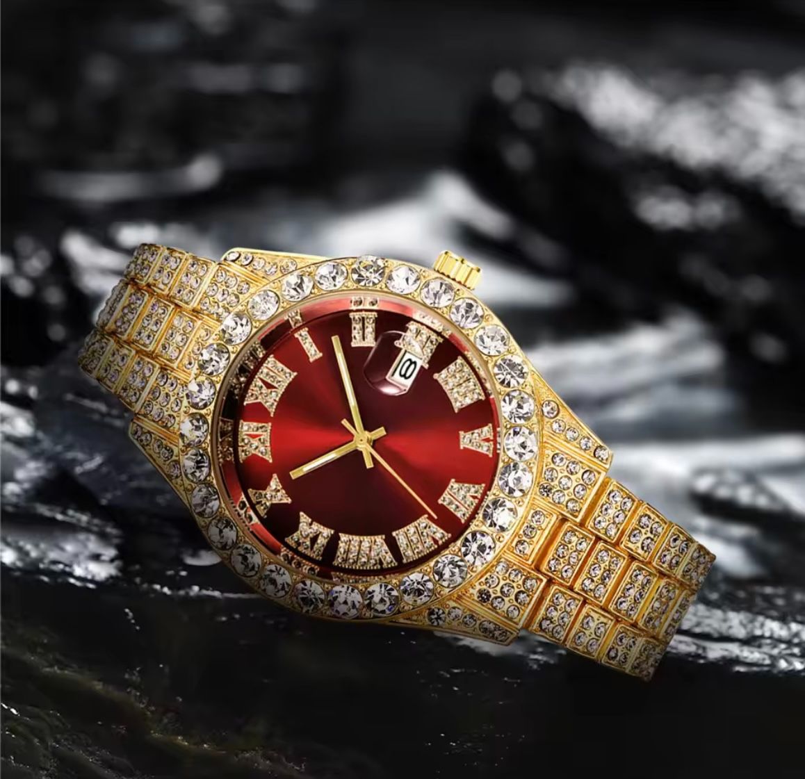 Cool Hip Hop 3PCS Mens Watches Set Calendar Cross Necklace Jewelry Sets Full Diamond Steel Men's Quartz Watches