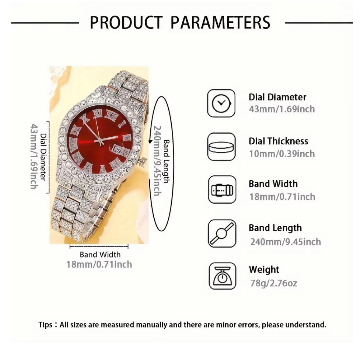 Cool Hip Hop 3PCS Mens Watches Set Calendar Cross Necklace Jewelry Sets Full Diamond Steel Men's Quartz Watches