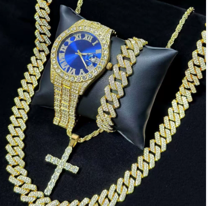 4pcs/set Hip Hop Full Iced Out 13mm Alloy Miami Cuban Chain Bracelet and Cross Necklace With Men's Watch Jewelry Set