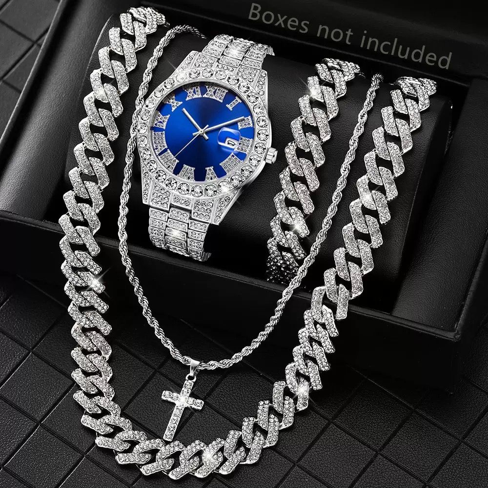 4pcs/set Hip Hop Full Iced Out 13mm Alloy Miami Cuban Chain Bracelet and Cross Necklace With Men's Watch Jewelry Set