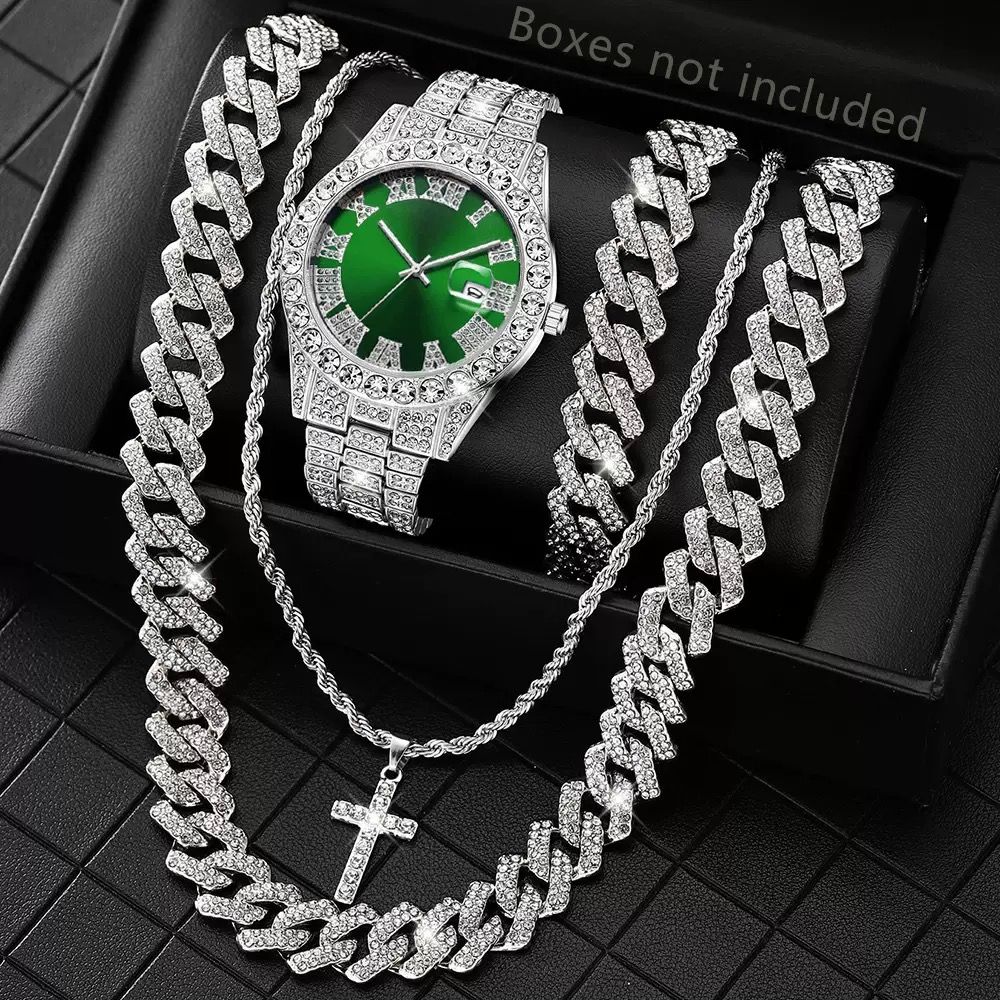 4pcs/set Hip Hop Full Iced Out 13mm Alloy Miami Cuban Chain Bracelet and Cross Necklace With Men's Watch Jewelry Set