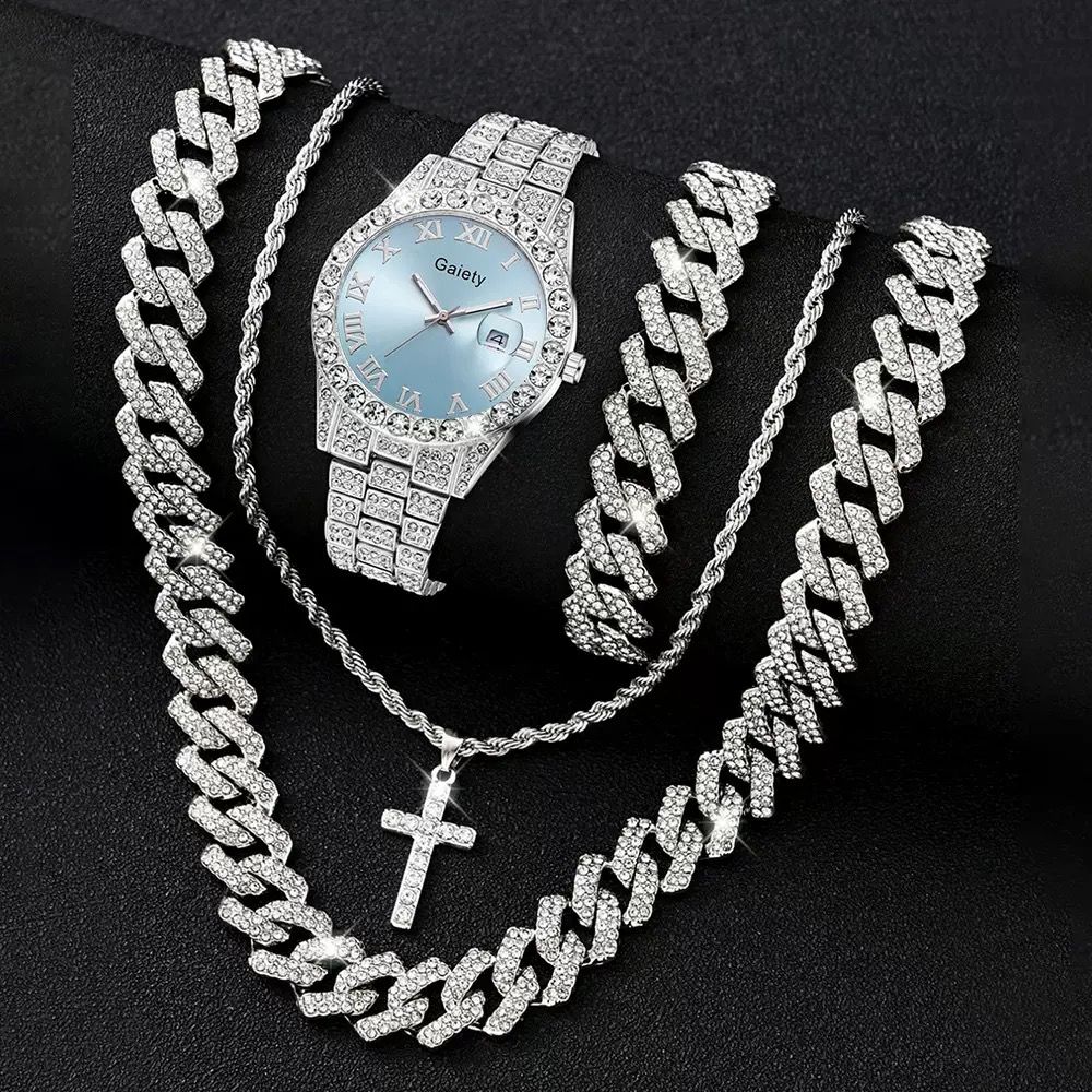 4pcs/set Hip Hop Full Iced Out 13mm Alloy Miami Cuban Chain Bracelet and Cross Necklace With Men's Watch Jewelry Set