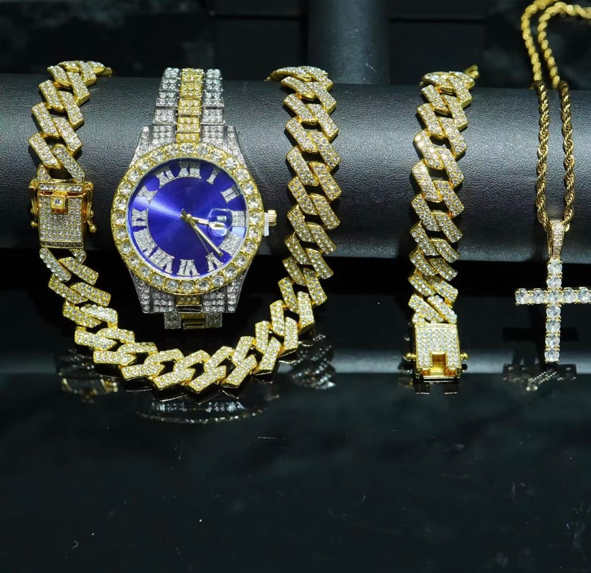 4pcs/set Hip Hop Full Iced Out 13mm Alloy Miami Cuban Chain Bracelet and Cross Necklace With Men's Watch Jewelry Set