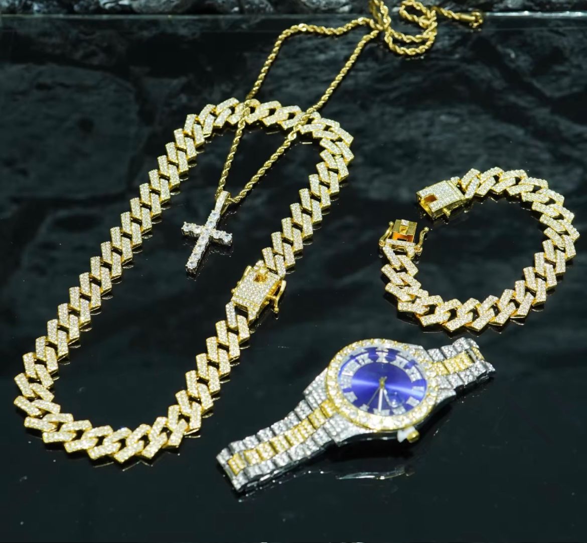 4pcs/set Hip Hop Full Iced Out 13mm Alloy Miami Cuban Chain Bracelet and Cross Necklace With Men's Watch Jewelry Set