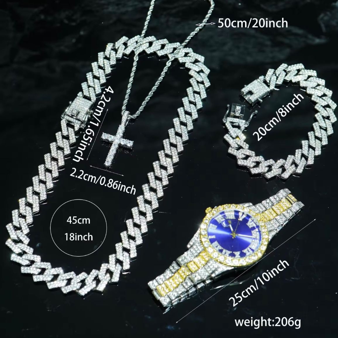4pcs/set Hip Hop Full Iced Out 13mm Alloy Miami Cuban Chain Bracelet and Cross Necklace With Men's Watch Jewelry Set