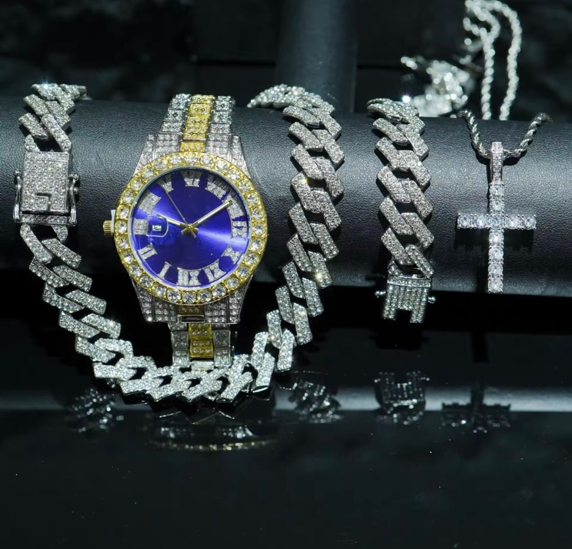 4pcs/set Hip Hop Full Iced Out 13mm Alloy Miami Cuban Chain Bracelet and Cross Necklace With Men's Watch Jewelry Set