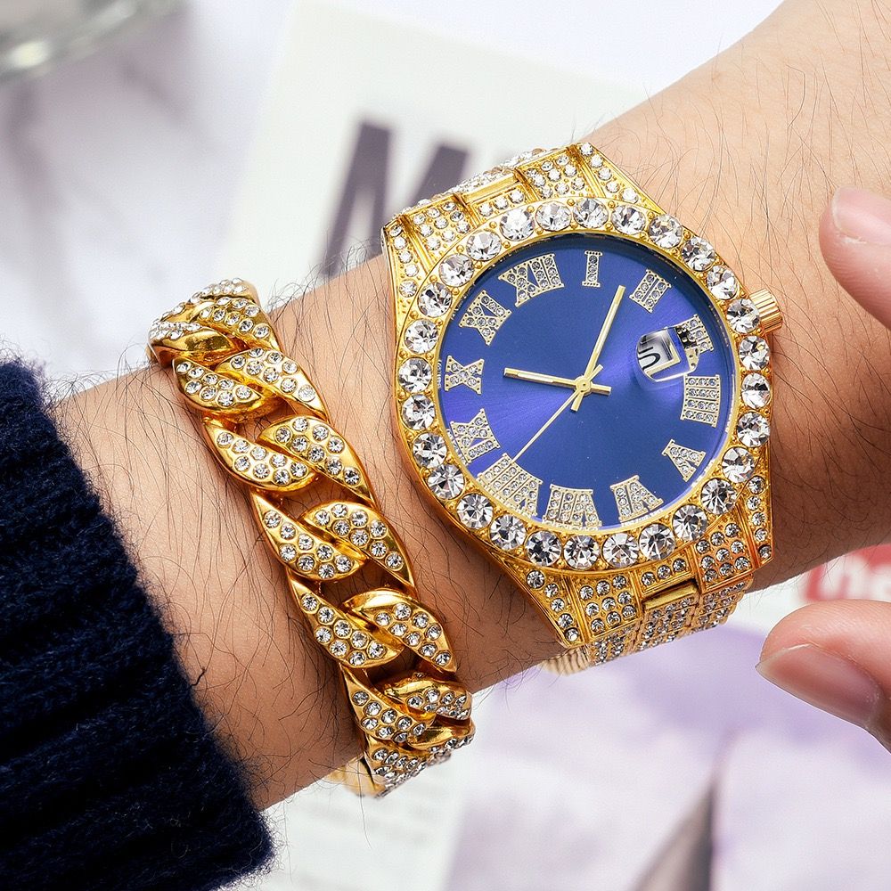 4pcs/set Hip Hop Full Iced Out 13mm Alloy Miami Cuban Chain Bracelet and Cross Necklace With Men's Watch Jewelry Set