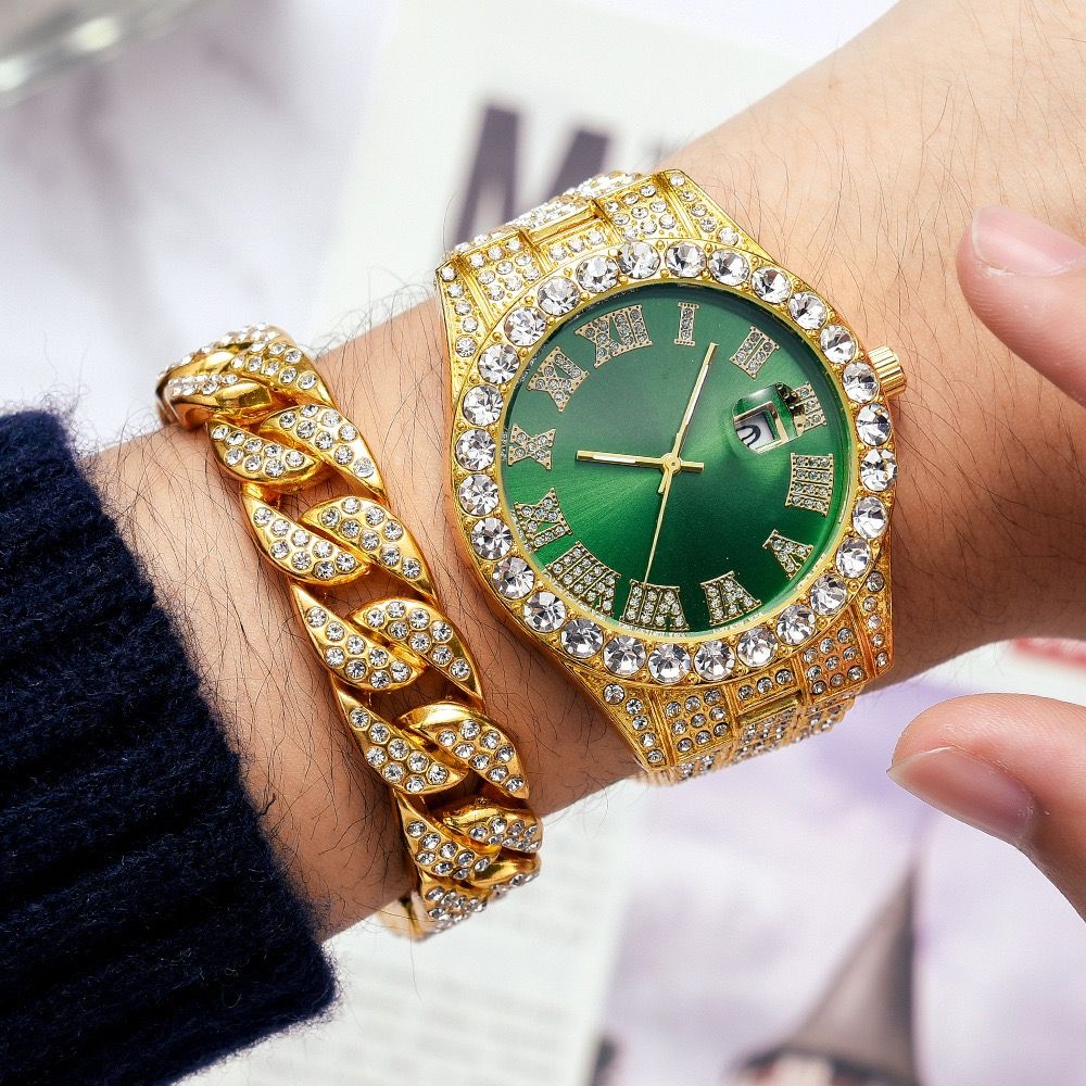 4pcs/set Hip Hop Full Iced Out 13mm Alloy Miami Cuban Chain Bracelet and Cross Necklace With Men's Watch Jewelry Set