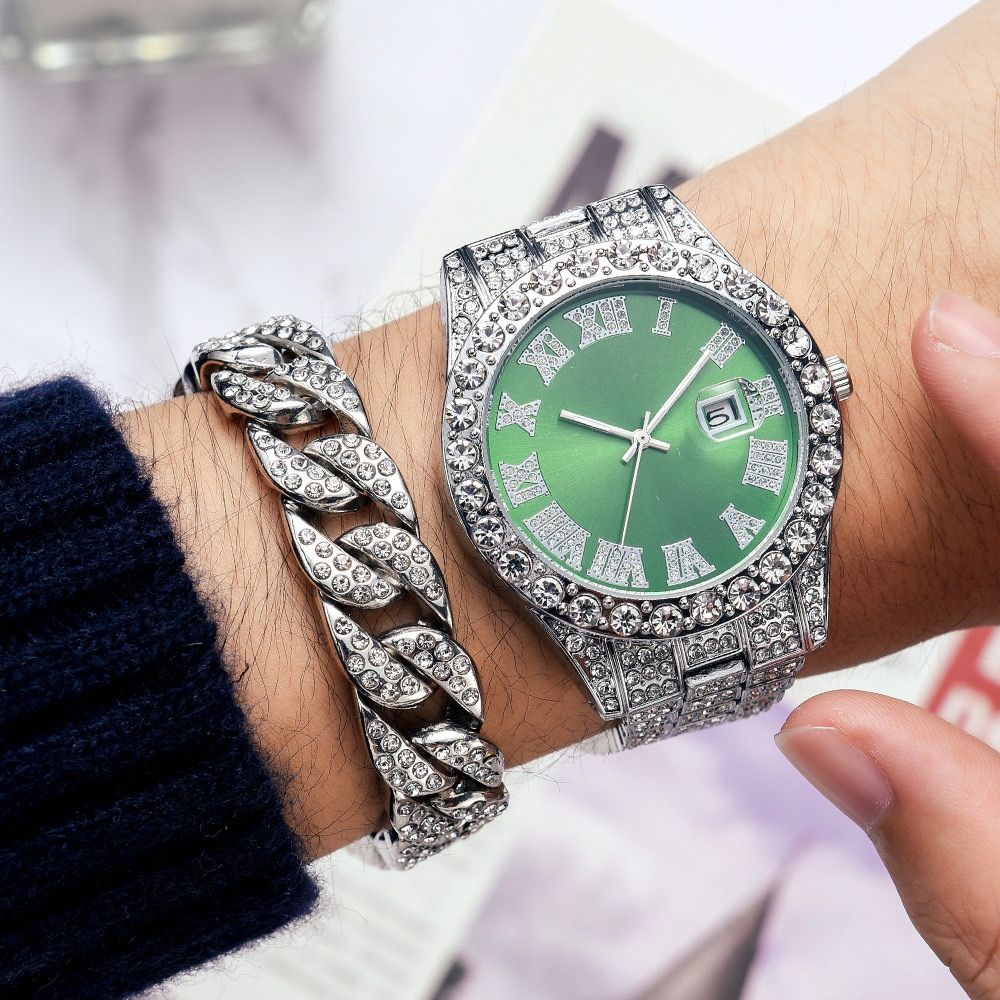 4pcs/set Hip Hop Full Iced Out 13mm Alloy Miami Cuban Chain Bracelet and Cross Necklace With Men's Watch Jewelry Set