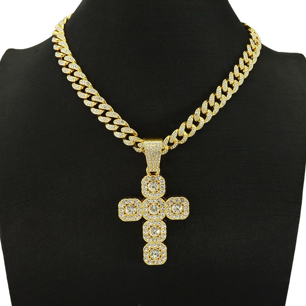 Alloy New Style Rock Sugar Diamond Cross Pendant Necklace Men Ins Style Versatile Niche High-End Sense Hip-Hop Cuban Chain