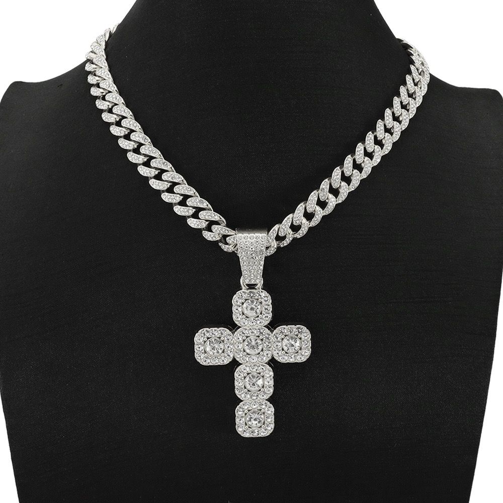 Alloy New Style Rock Sugar Diamond Cross Pendant Necklace Men Ins Style Versatile Niche High-End Sense Hip-Hop Cuban Chain