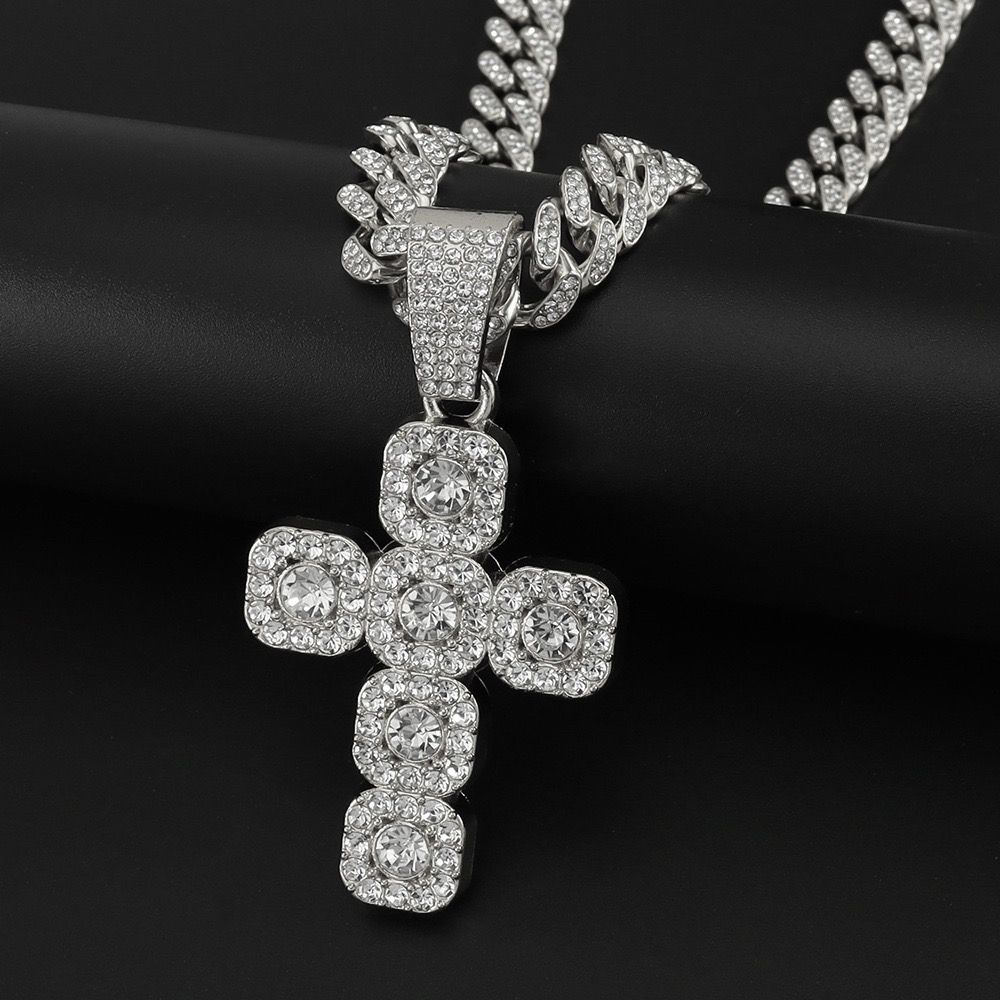Alloy New Style Rock Sugar Diamond Cross Pendant Necklace Men Ins Style Versatile Niche High-End Sense Hip-Hop Cuban Chain