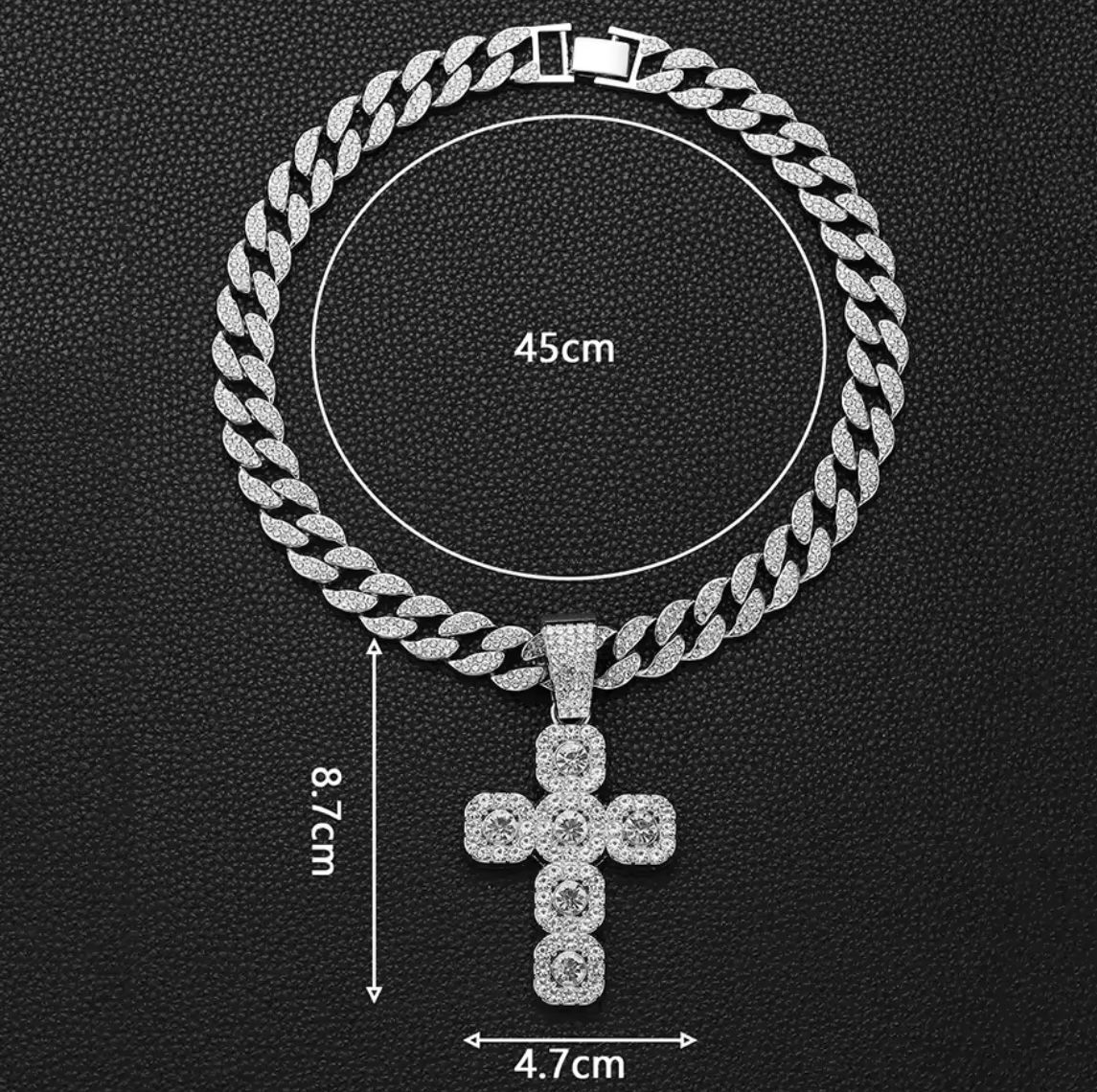 Alloy New Style Rock Sugar Diamond Cross Pendant Necklace Men Ins Style Versatile Niche High-End Sense Hip-Hop Cuban Chain