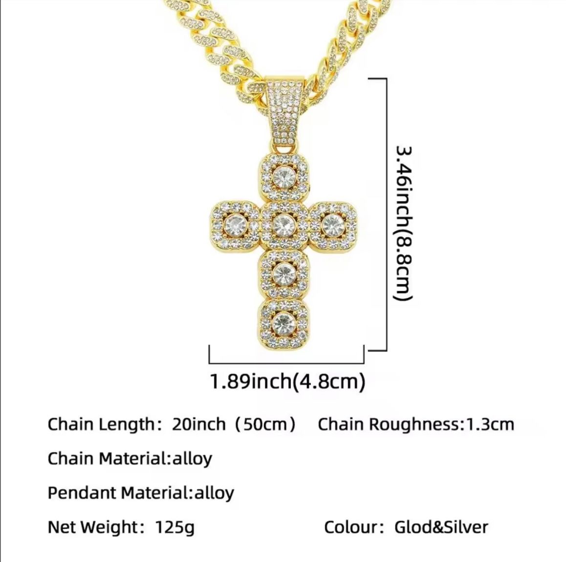 Alloy New Style Rock Sugar Diamond Cross Pendant Necklace Men Ins Style Versatile Niche High-End Sense Hip-Hop Cuban Chain