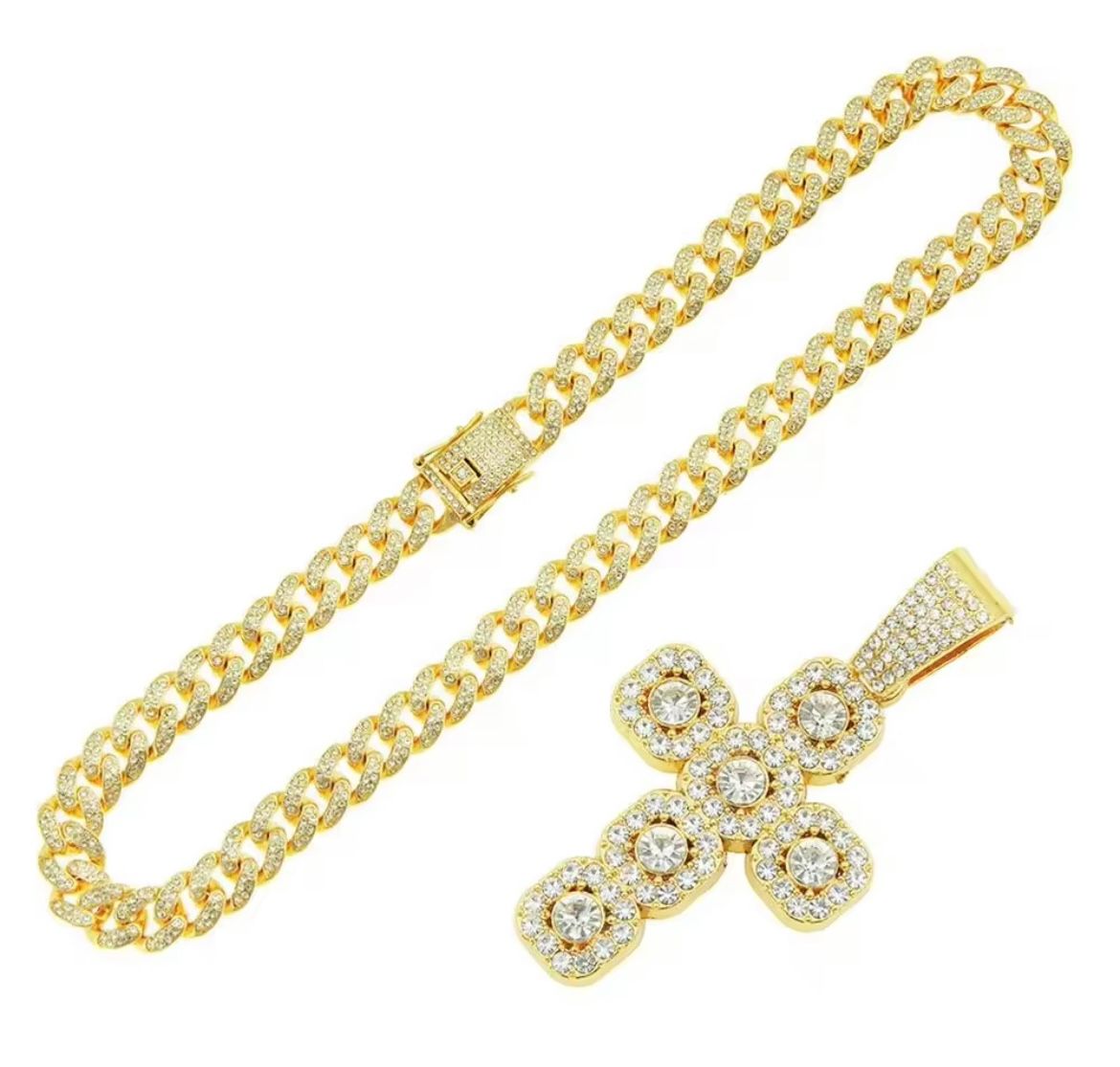 Alloy New Style Rock Sugar Diamond Cross Pendant Necklace Men Ins Style Versatile Niche High-End Sense Hip-Hop Cuban Chain
