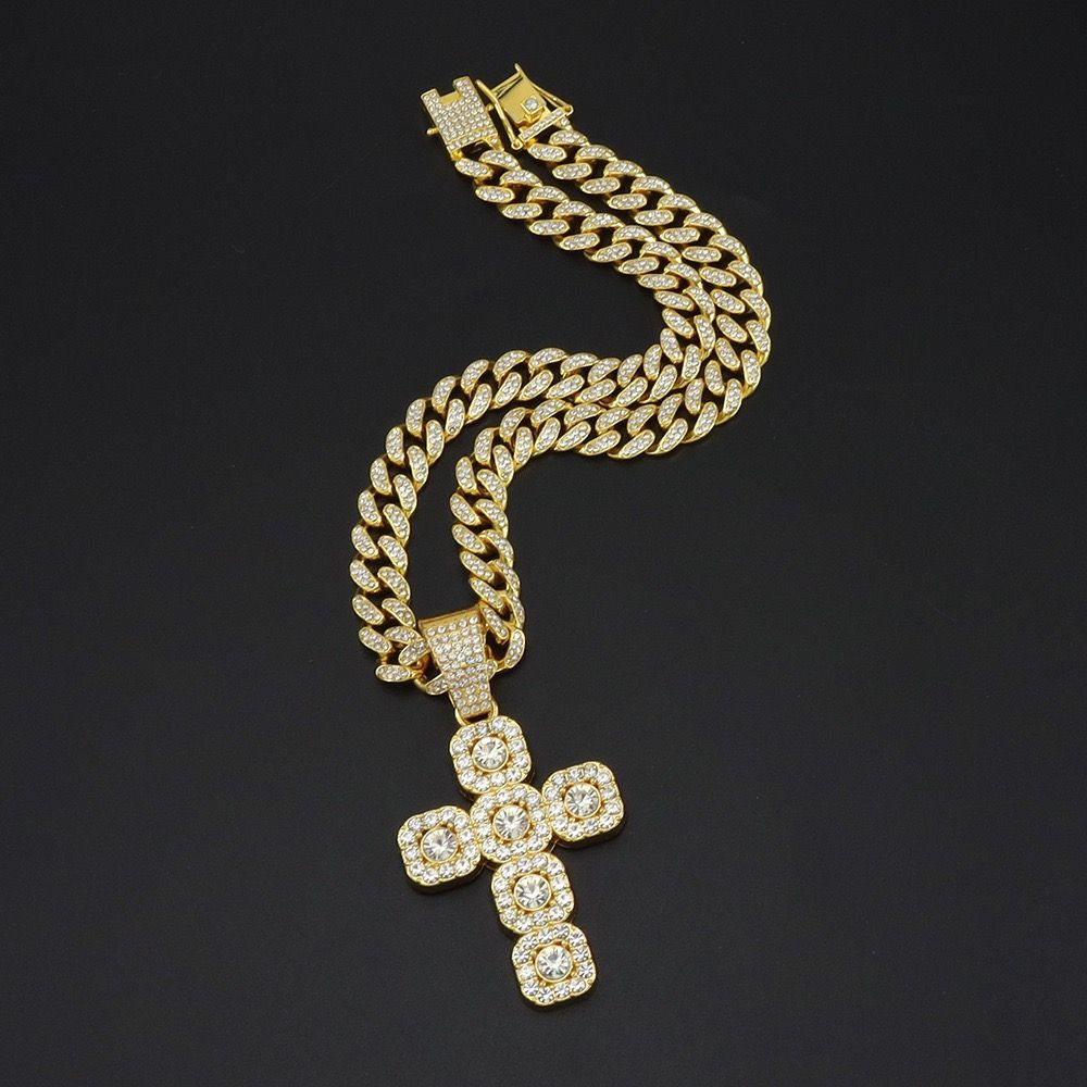 Alloy New Style Rock Sugar Diamond Cross Pendant Necklace Men Ins Style Versatile Niche High-End Sense Hip-Hop Cuban Chain