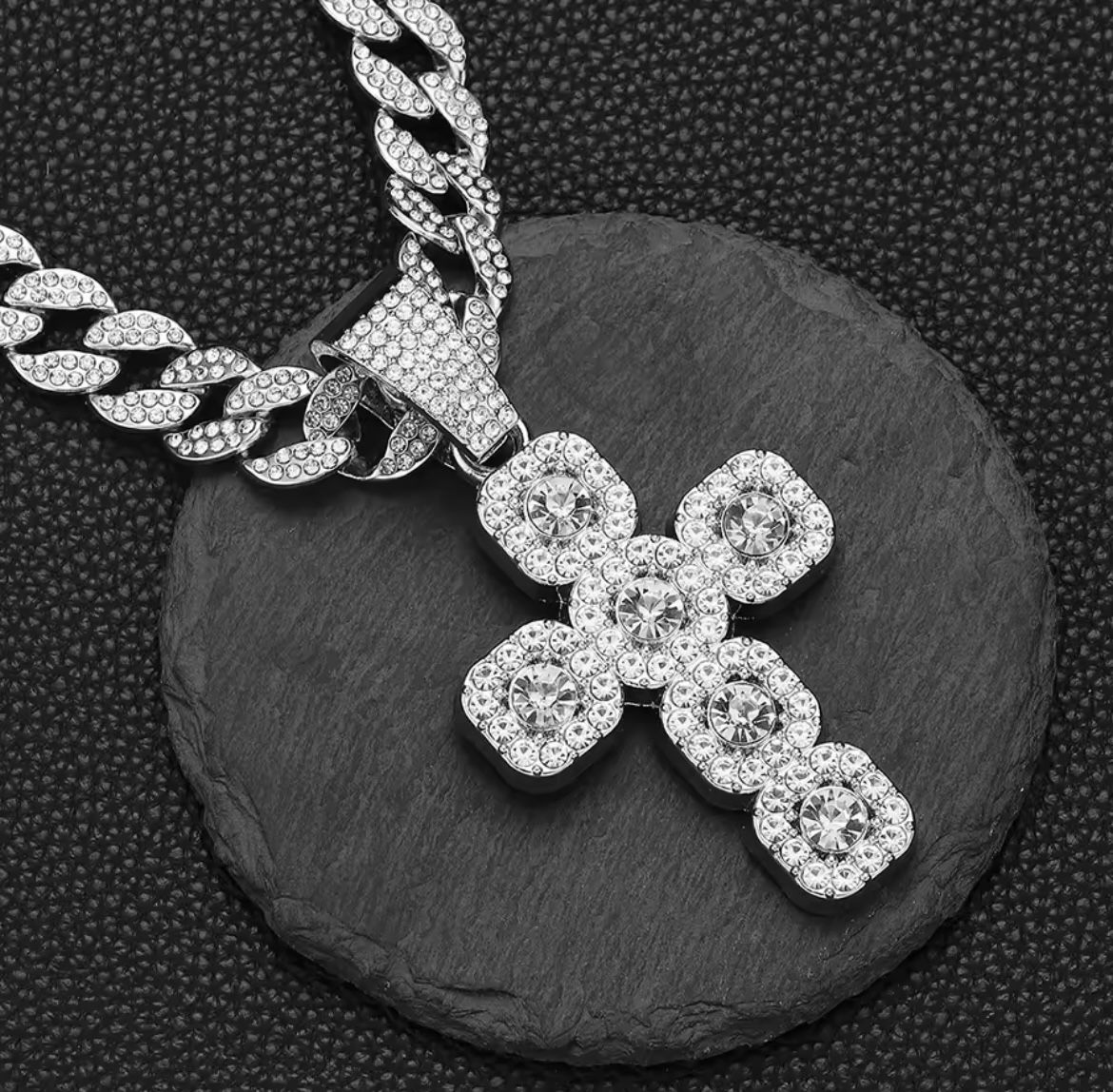 Alloy New Style Rock Sugar Diamond Cross Pendant Necklace Men Ins Style Versatile Niche High-End Sense Hip-Hop Cuban Chain