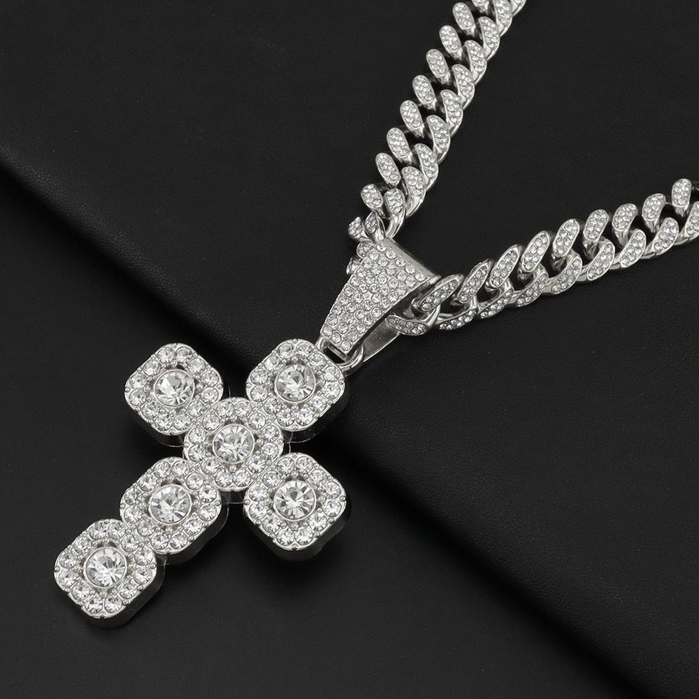 Alloy New Style Rock Sugar Diamond Cross Pendant Necklace Men Ins Style Versatile Niche High-End Sense Hip-Hop Cuban Chain