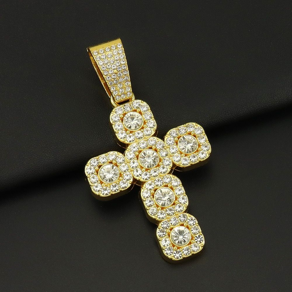 Alloy New Style Rock Sugar Diamond Cross Pendant Necklace Men Ins Style Versatile Niche High-End Sense Hip-Hop Cuban Chain