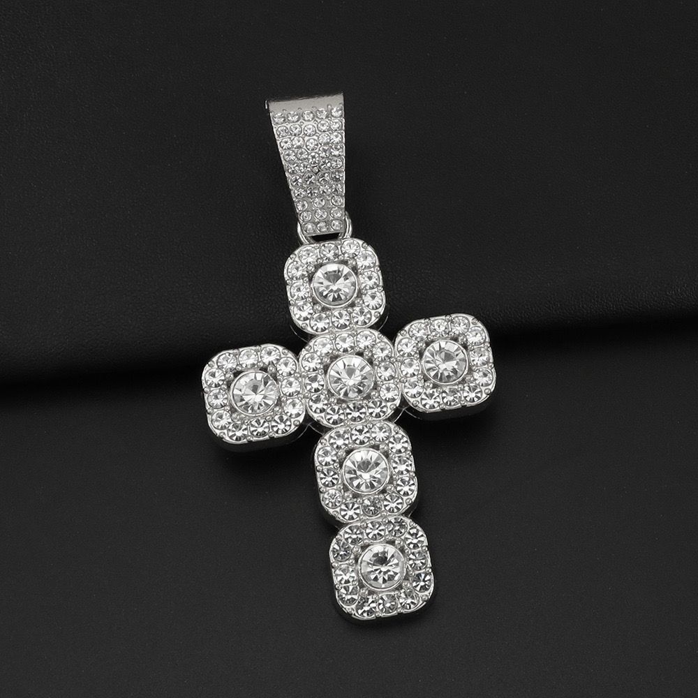 Alloy New Style Rock Sugar Diamond Cross Pendant Necklace Men Ins Style Versatile Niche High-End Sense Hip-Hop Cuban Chain