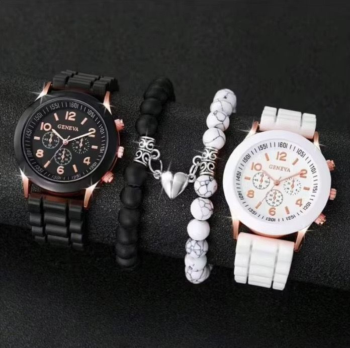 4PCS/Set Geneva Couple Watch Fashion Silicone Band Quartz Wrist Watches Magnetic Heart Beads Bracelets Set