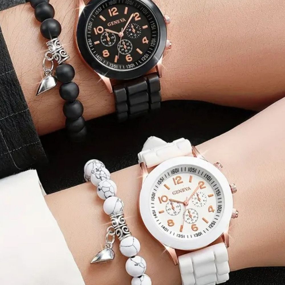 4PCS/Set Geneva Couple Watch Fashion Silicone Band Quartz Wrist Watches Magnetic Heart Beads Bracelets Set