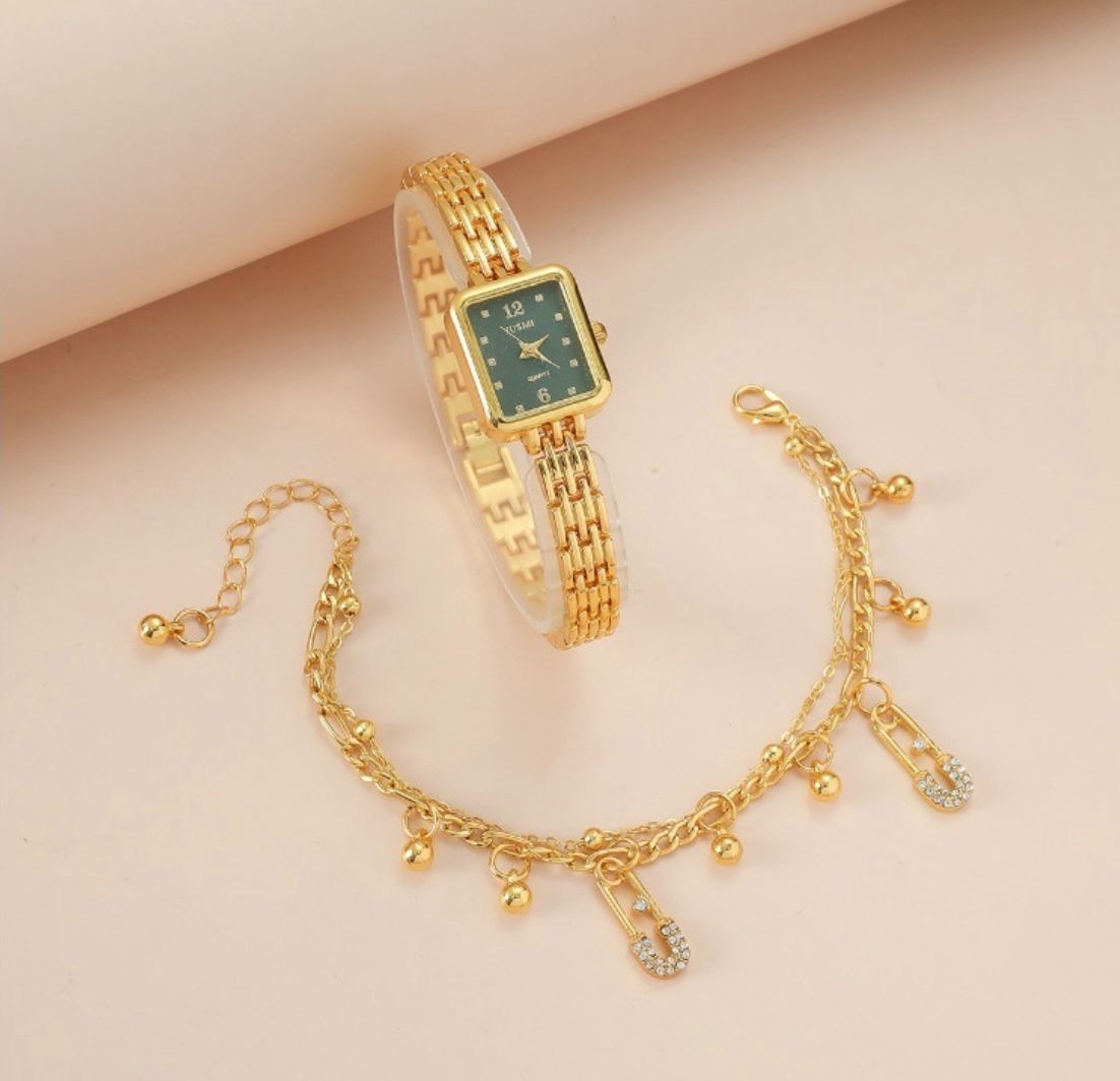 Vintage 2PCS Girl Watch Gift Set Minimalist Slim Gold Women Watch Set Square Quartz Green Ladies Watch Set