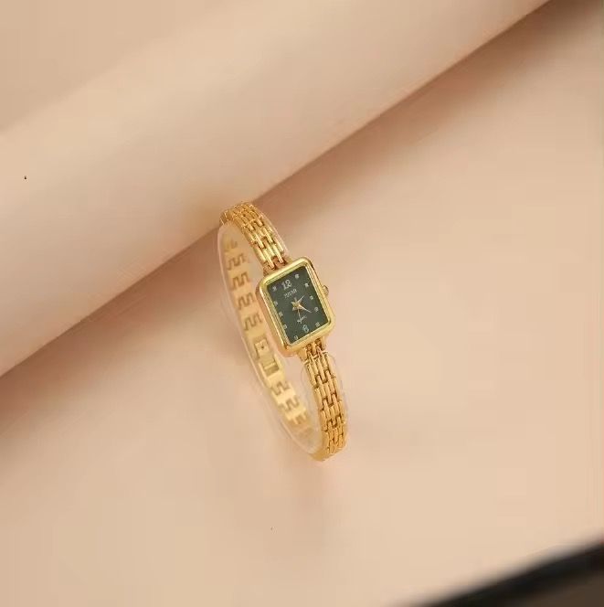 Vintage 2PCS Girl Watch Gift Set Minimalist Slim Gold Women Watch Set Square Quartz Green Ladies Watch Set