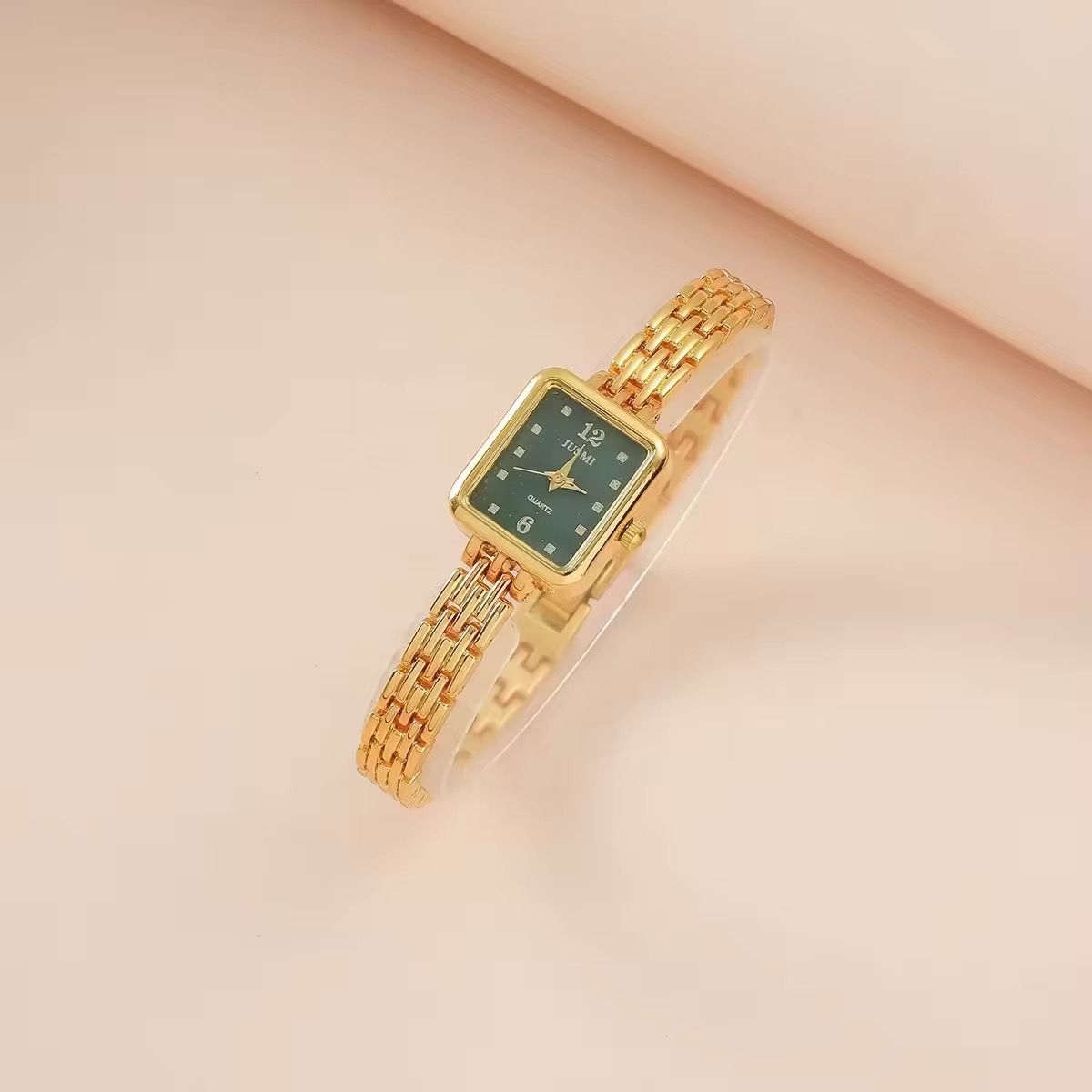 Vintage 2PCS Girl Watch Gift Set Minimalist Slim Gold Women Watch Set Square Quartz Green Ladies Watch Set