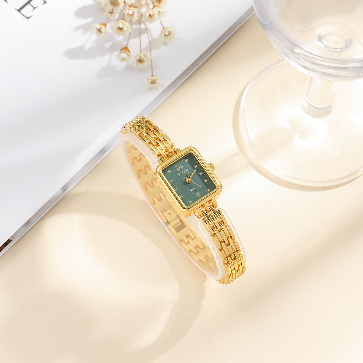 Vintage 2PCS Girl Watch Gift Set Minimalist Slim Gold Women Watch Set Square Quartz Green Ladies Watch Set