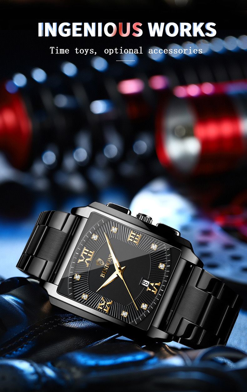 BINBOND B4143 New Rectangular Men's Stainless Steel Band Simple Sports Outdoor Calendar Quartz Watch Waterproof Wristwatch