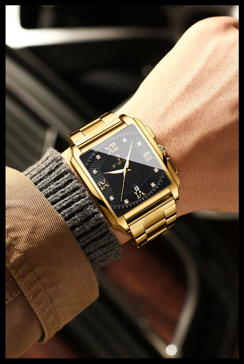 BINBOND B4143 New Rectangular Men's Stainless Steel Band Simple Sports Outdoor Calendar Quartz Watch Waterproof Wristwatch