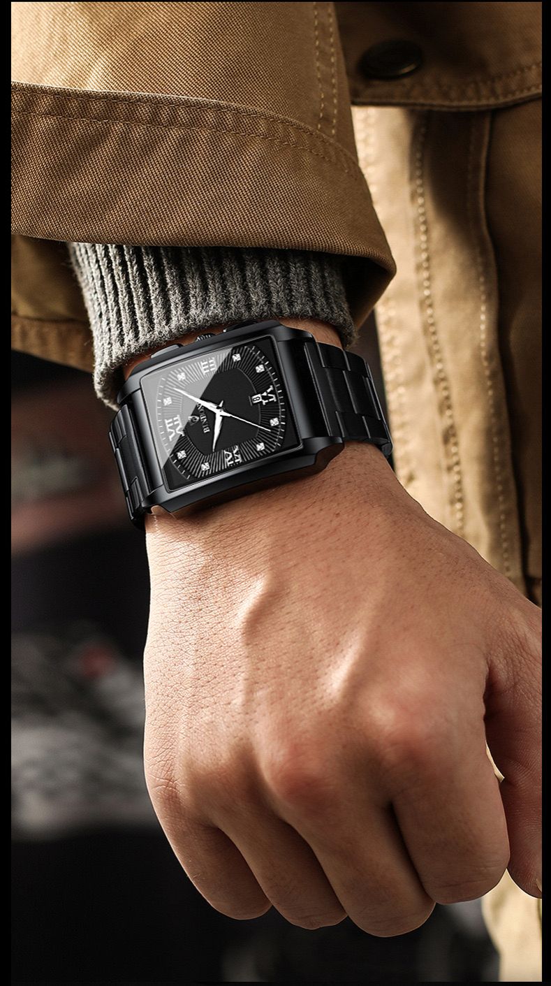 BINBOND B4143 New Rectangular Men's Stainless Steel Band Simple Sports Outdoor Calendar Quartz Watch Waterproof Wristwatch